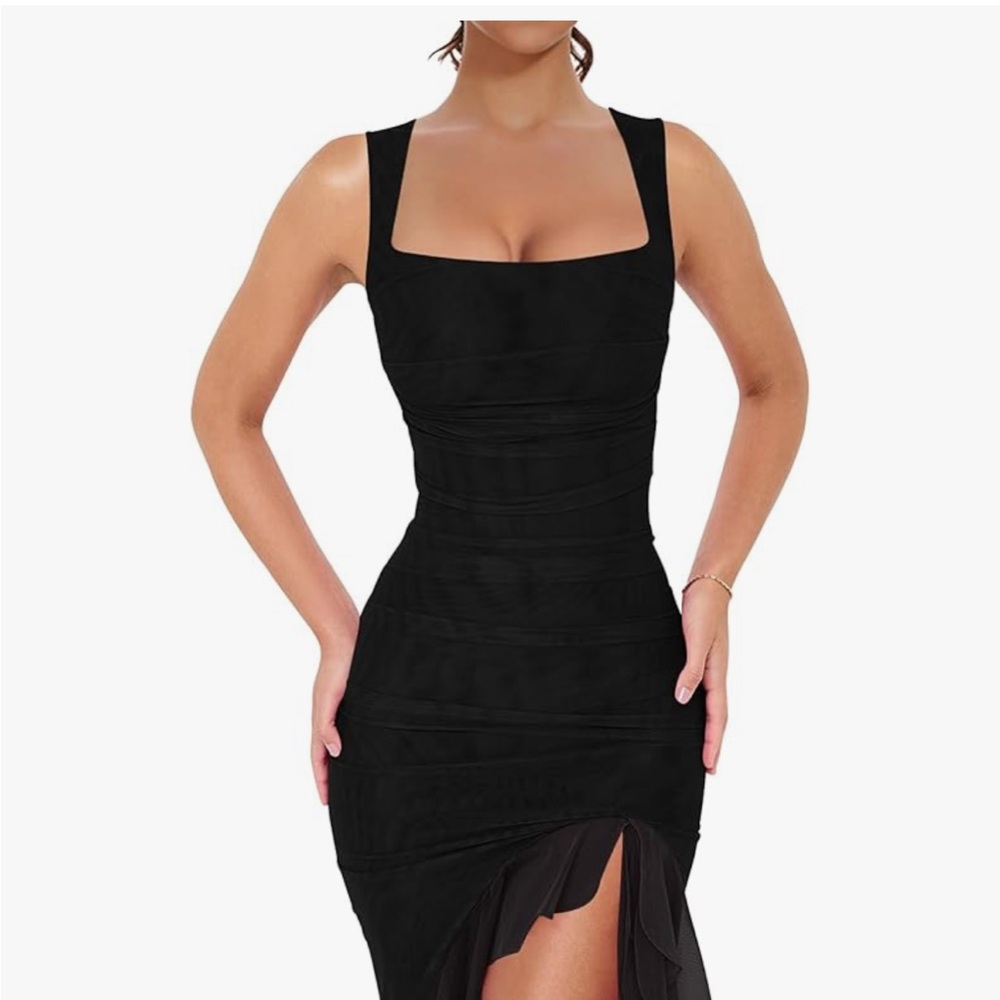 Chic Black Midi Dress with Square Neckline
